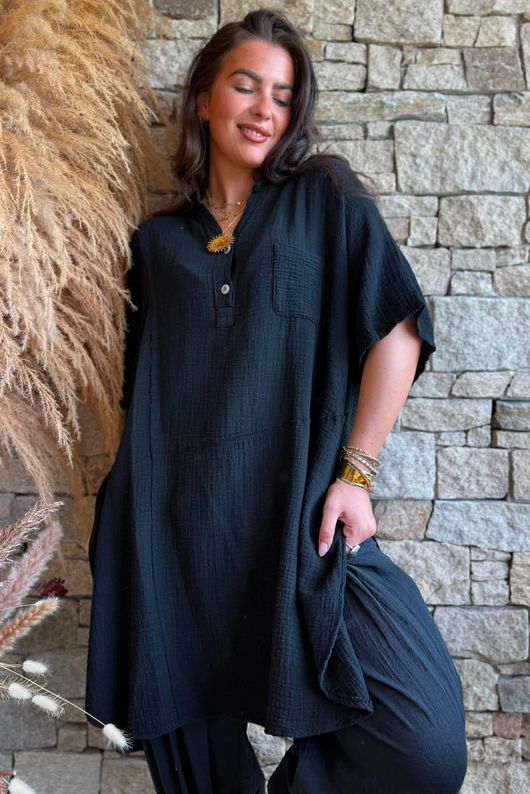 Tasha Cushion Cotton Oversized Shirt Tunic Black